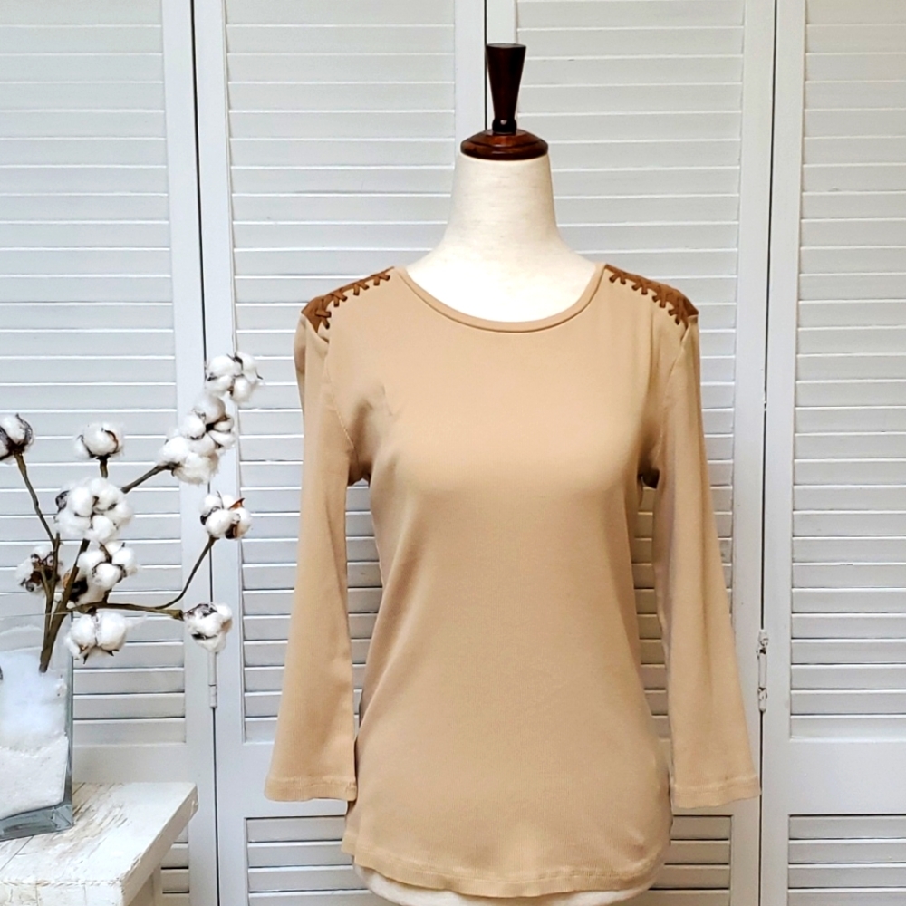 Lauren Ralph Lauren Long Sleeve Top with Suede Embellished Shoulder Size M